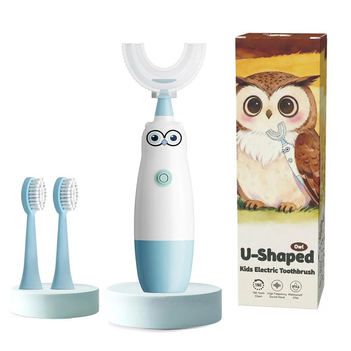 Blue U-shaped kids electric toothbrush with owl face and two soft silicone heads