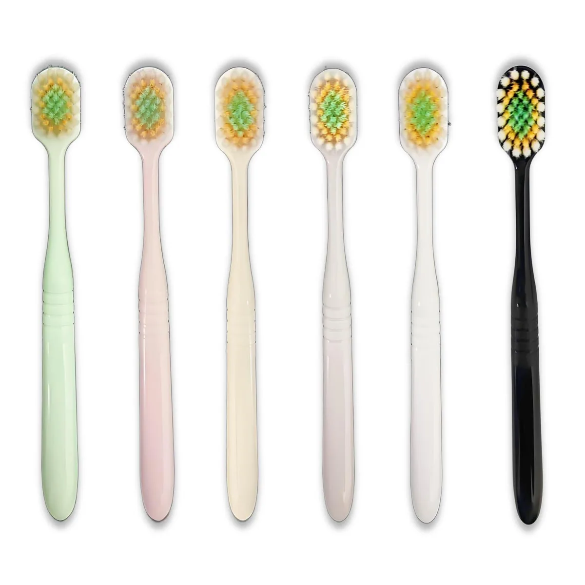 Six manual toothbrushes in assorted colours, ultra-thin heads with 44 tufts, 3-layer tapered bristles