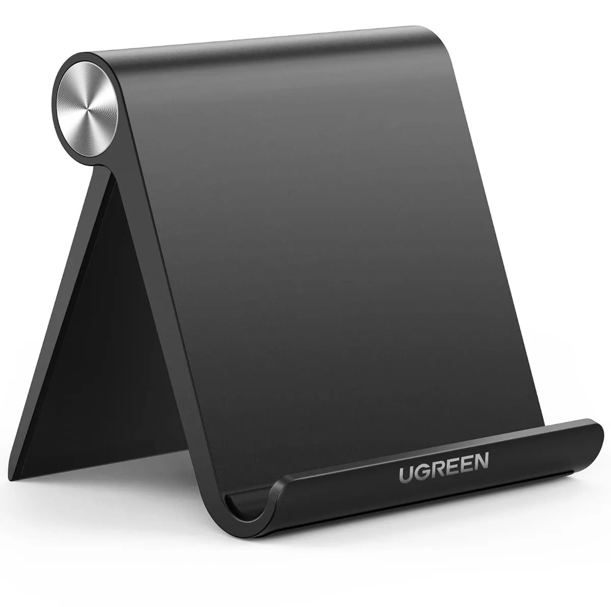 Black foldable tablet and phone stand, compact rectangular base with angled cradle, rubber feet visible