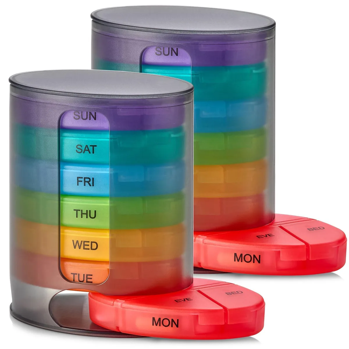 Two black stackable pill organizers each with seven multi-colour daily trays and four labelled compartments