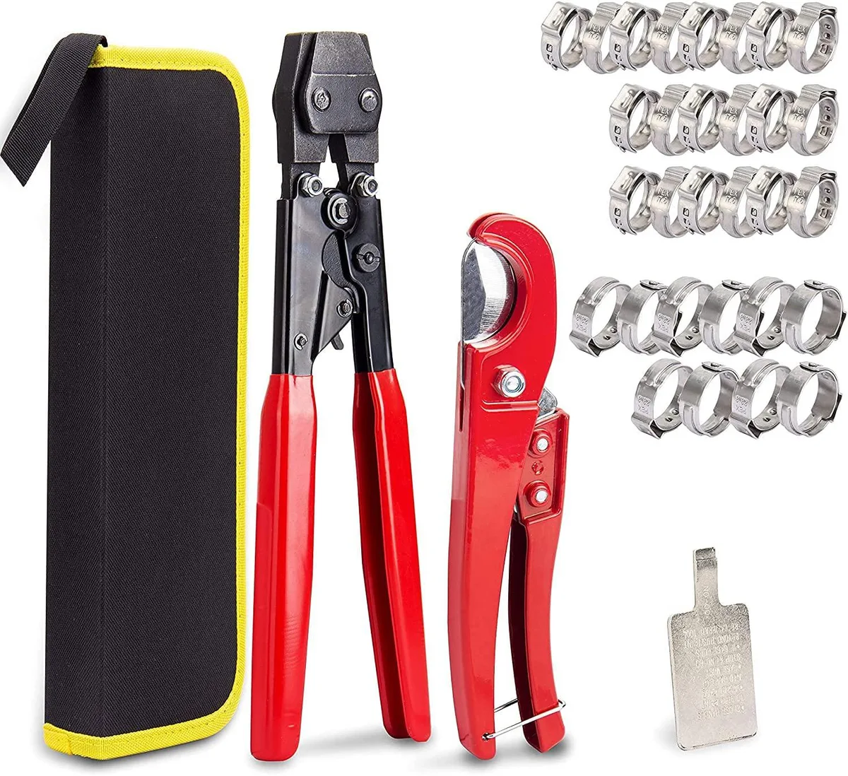 SOURCEPRO SOURCEPRO PEX Cinch Crimp Tool Kit 5-in-1 ASTM 2098 20pcs 1/2in 10pcs 3/4in Clamps Red Handle Bag — product photo