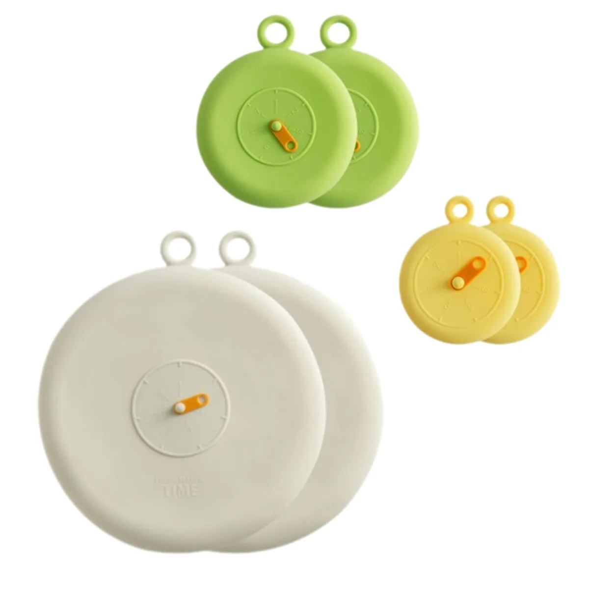 Six beige silicone stretch lids in three sizes with pull tabs and date indicators