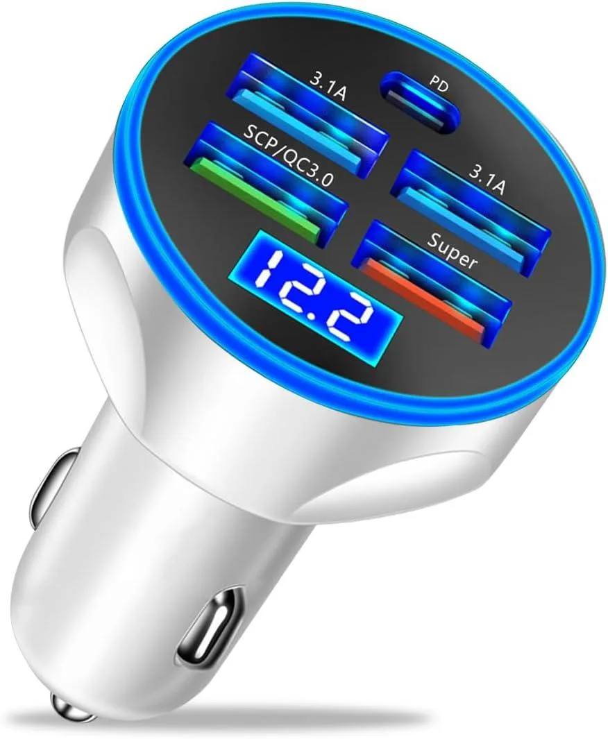 Ballistic Ballistic 5 Port USB Car Charger 250W 4 USB 3.1A + Type C LED Voltage Monitor White — product photo