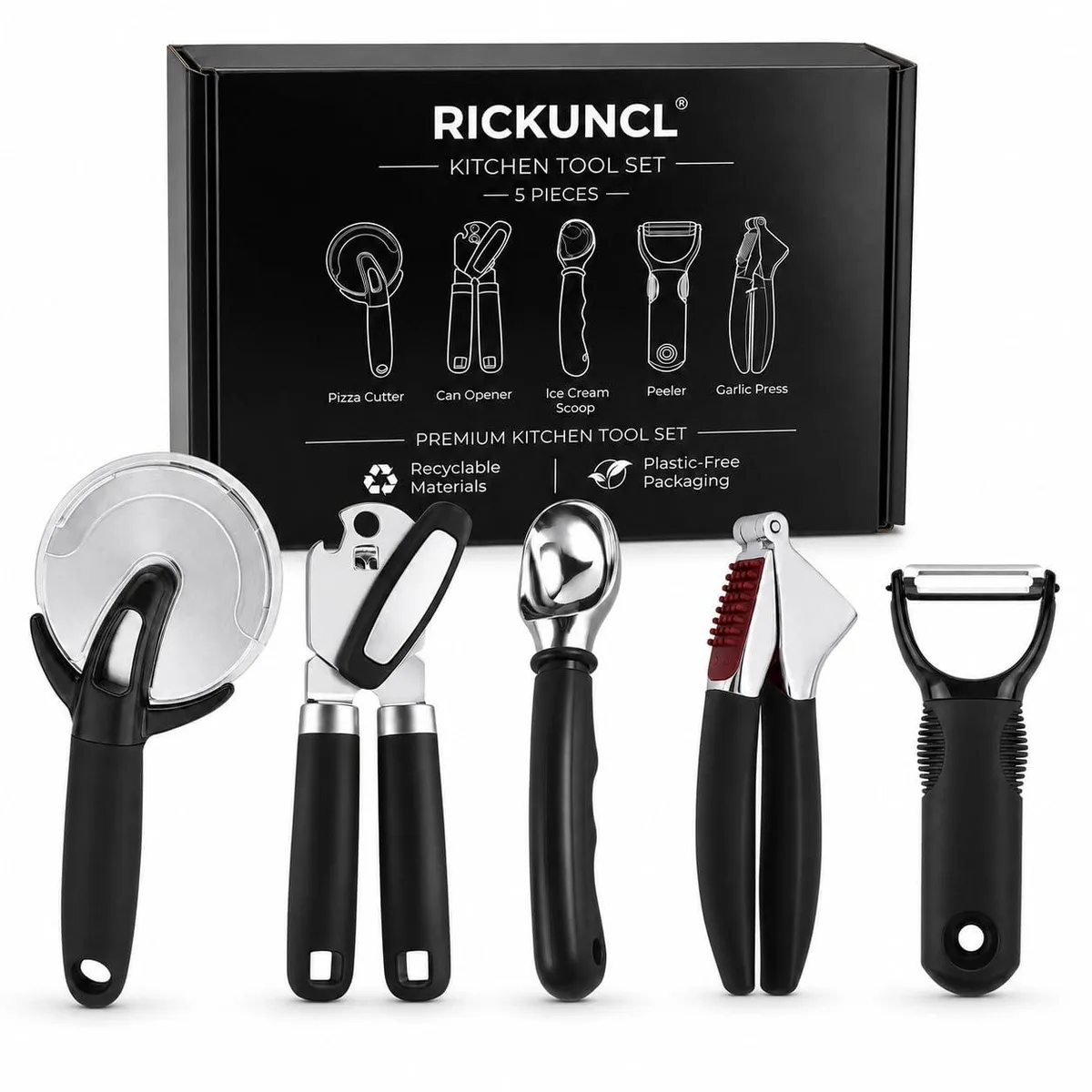 Five black stainless steel kitchen tools in a gift box