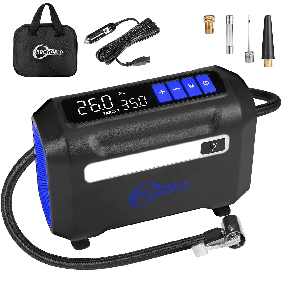 ROCGORLD R8 Tire Inflator 12V 150PSI Dual Screen Blue — product photo