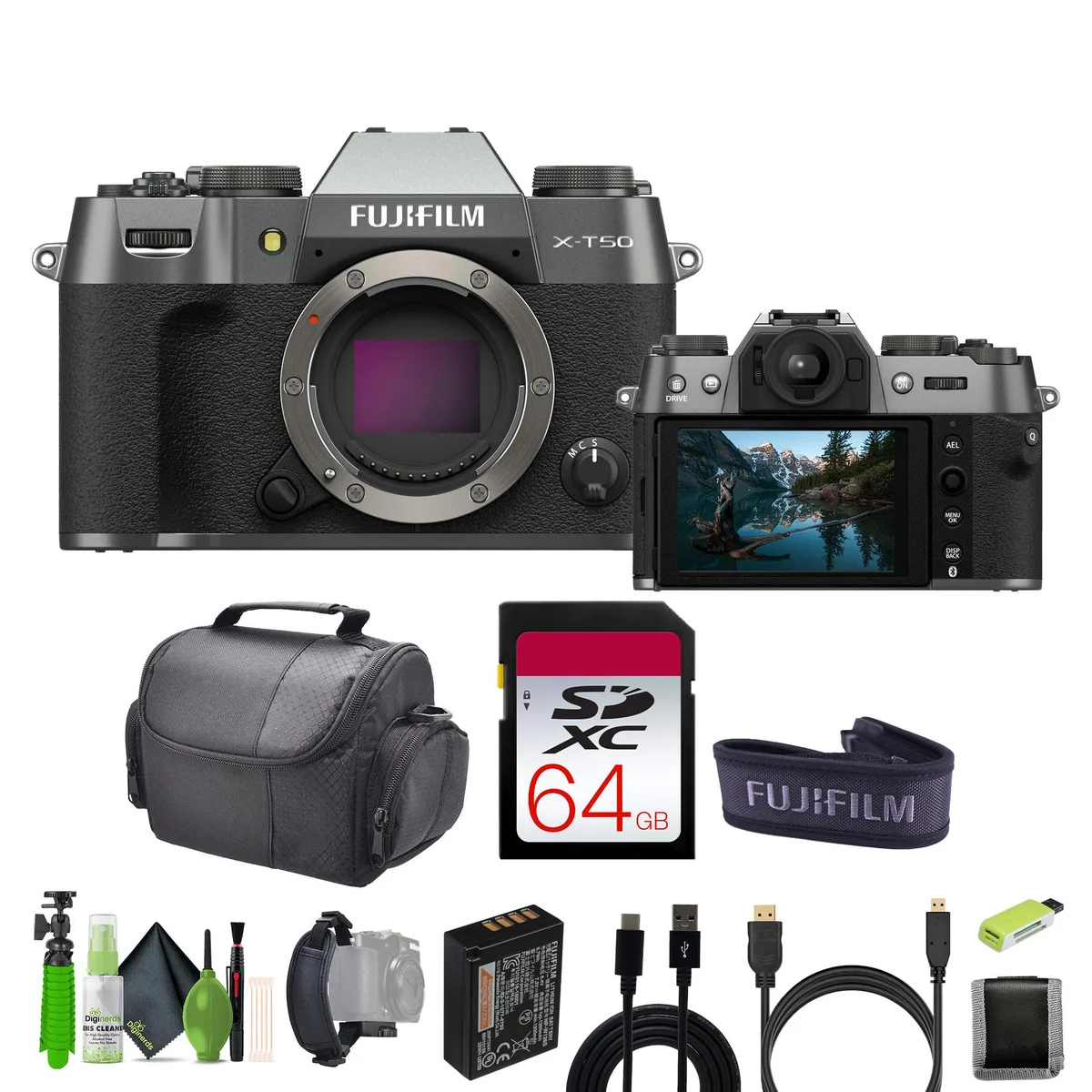 FUJIFILM FUJIFILM X-T50 26.1MP Camera Kit Charcoal Silver 64GB 12 Inch Tripod — product photo