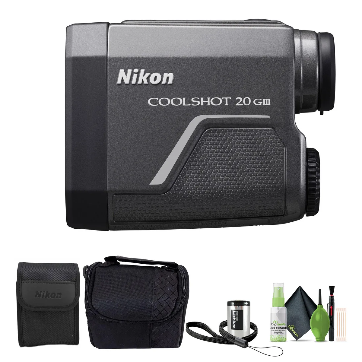 Black Nikon CoolShot 20 GIII 6x20 golf laser rangefinder with case and cleaning kit