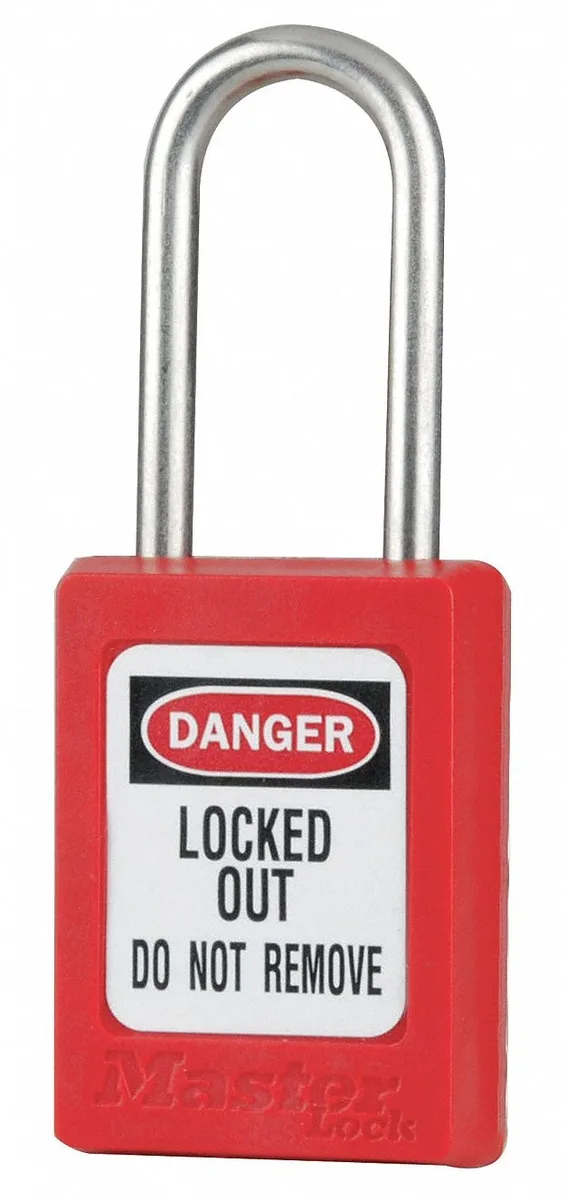 Red thermoplastic padlock with stainless steel shackle