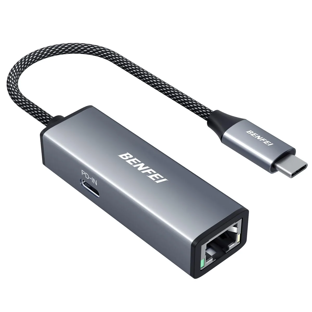 Compact grey USB-C dongle with braided cable, RJ45 port and PD pass-through