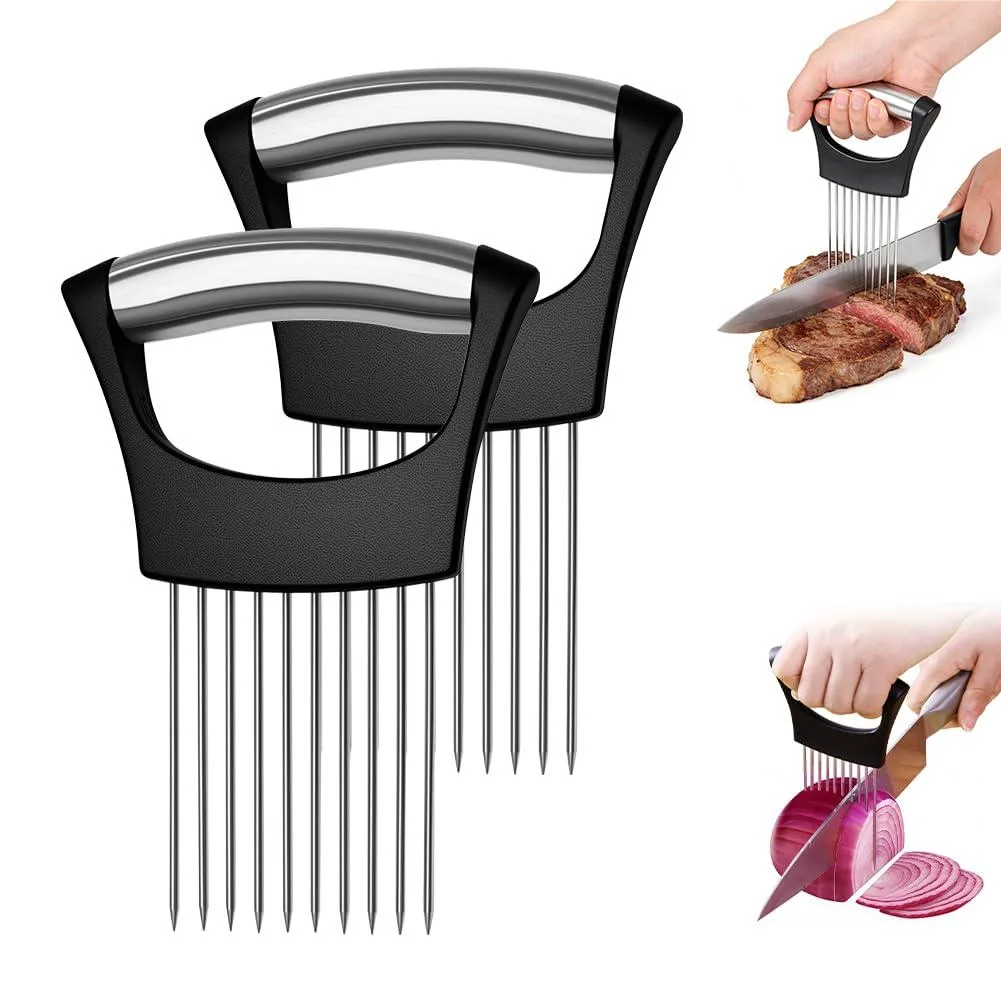 Two stainless steel onion holders with ten prongs each and ergonomic handles