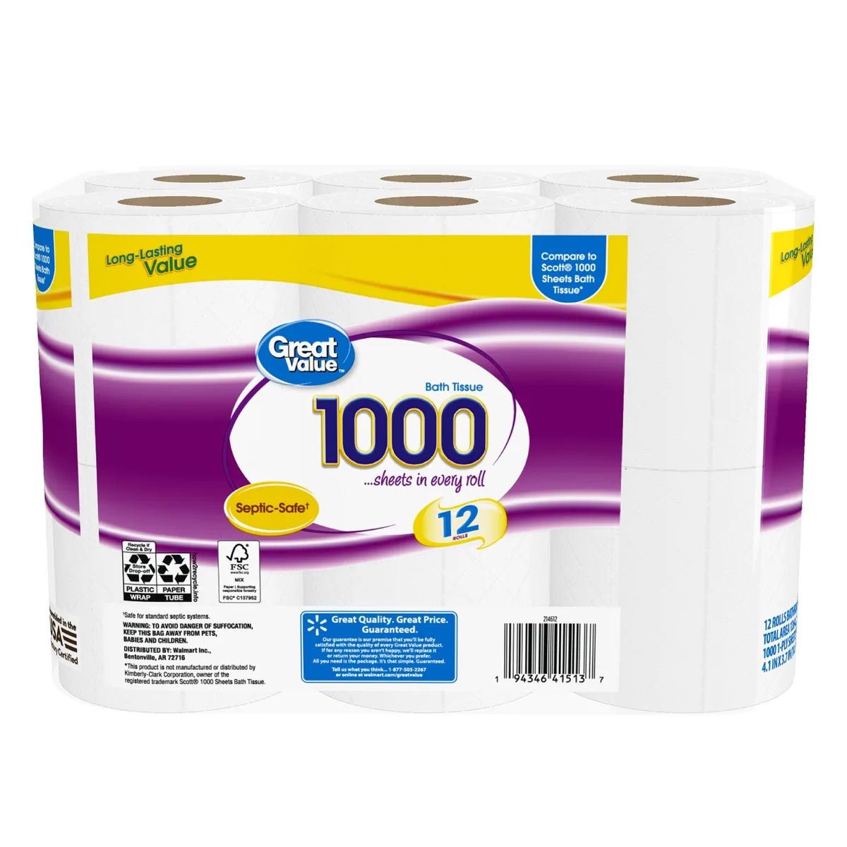 None Continuous None Continuous Great Value Toilet Paper 12 rolls 1000 sheets 1-ply unscented septic safe — product photo