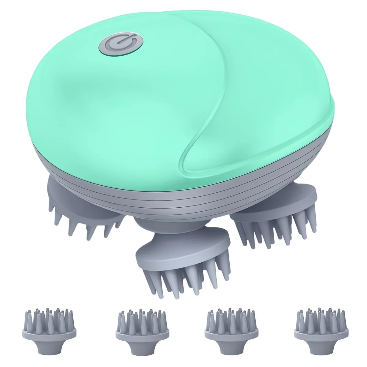 Green handheld electric scalp massager with four rotating silicone heads and textured grip