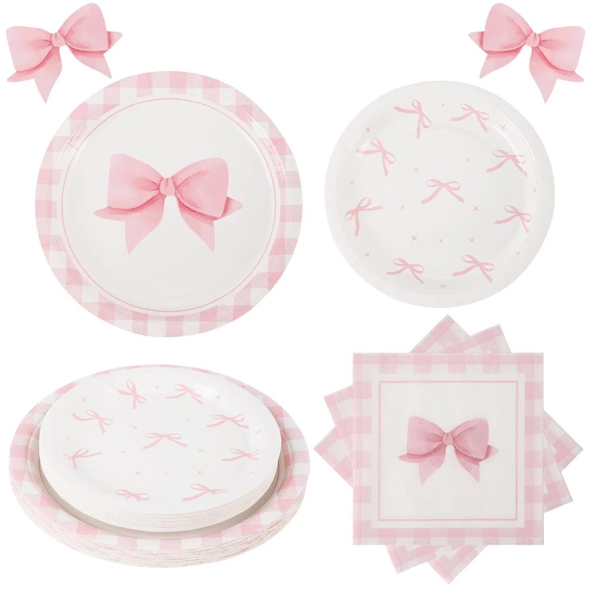 Pink Bow Birthday Party Supplies 60PCS Serve 20 — product photo