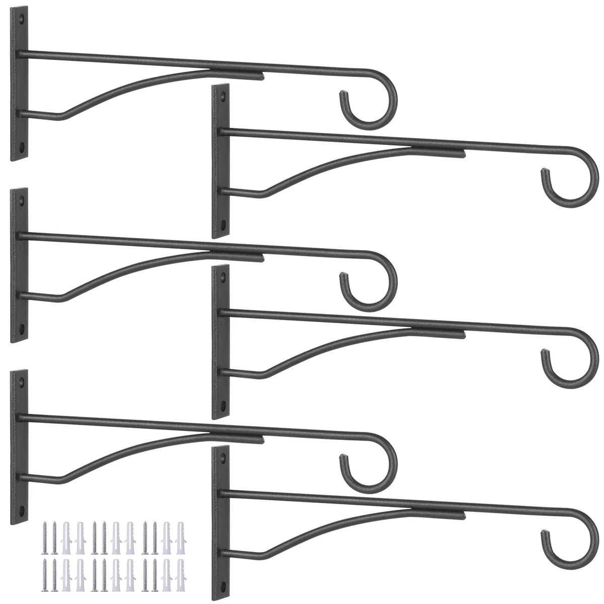 Six black metal plant hangers with curved hooks, minimalist design