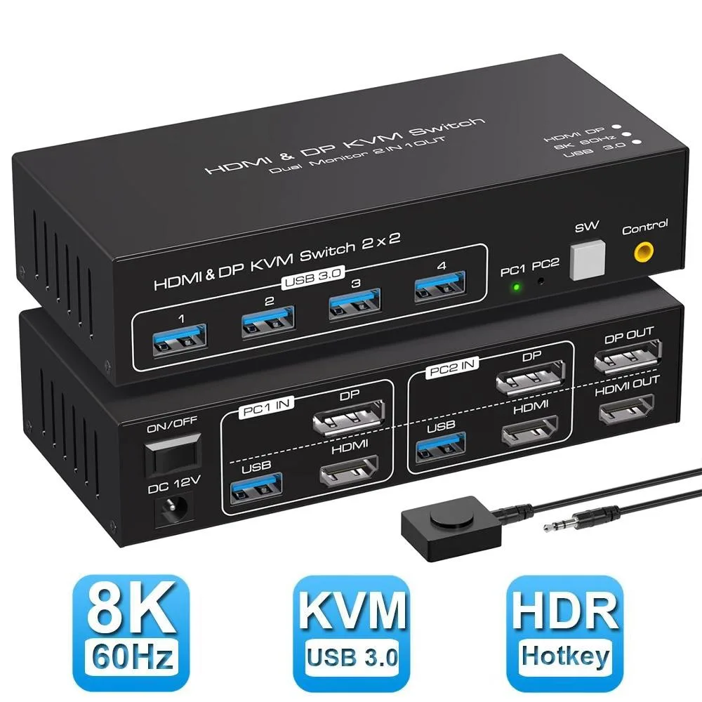 ESTONE ESTONE SW222-1DP1HD Dual Monitor KVM Switch 2 in 2 Out 4K@120Hz 8K@60Hz HDMI DP USB 3.0 — product photo