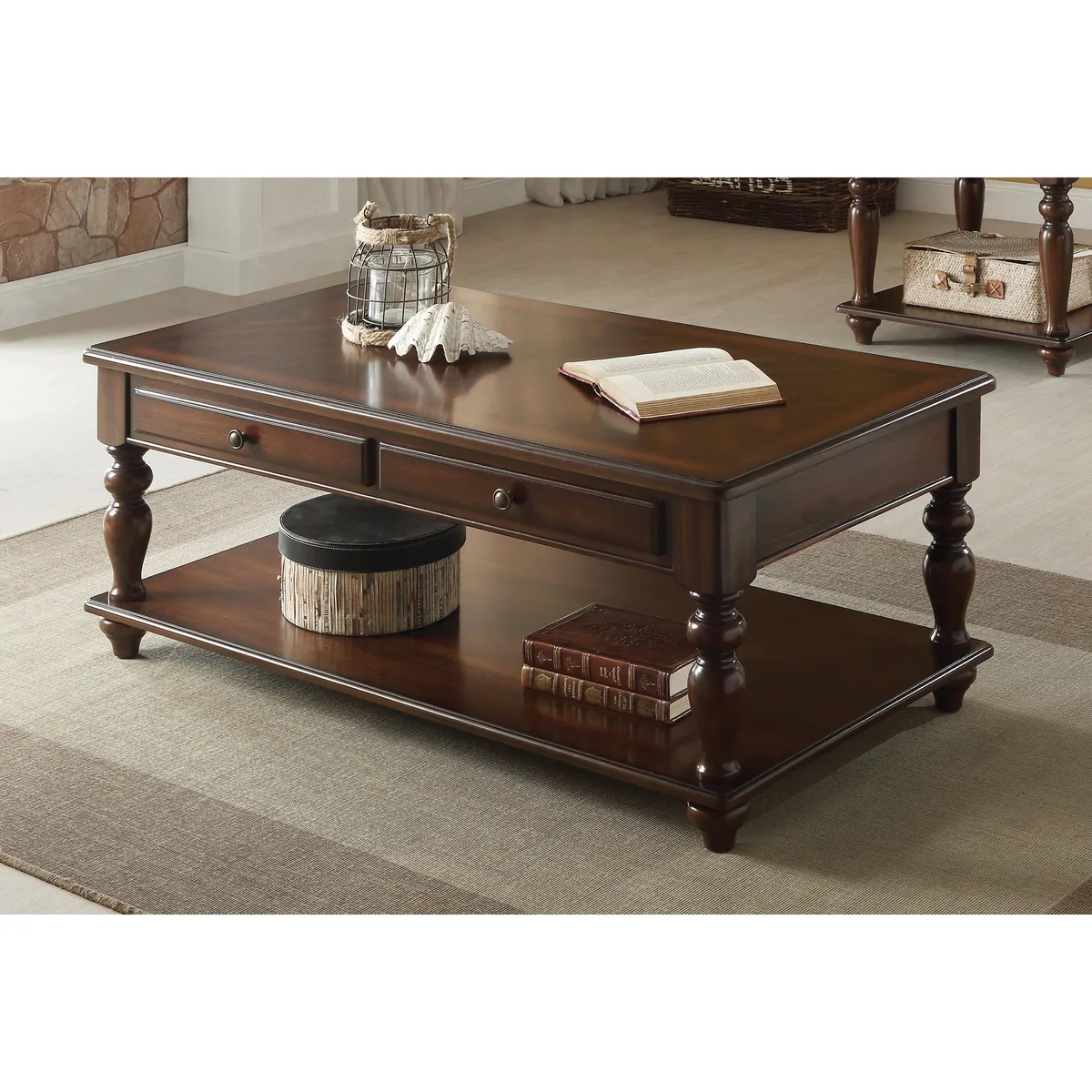 Walnut rectangular lift-top table with turned legs and lower shelf