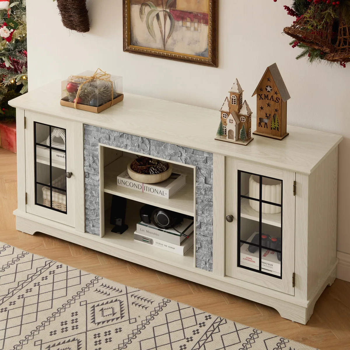 tuphen tuphen 58" TV Stand White 2-Door Storage Faux Stone Media Console Cabinet 58.31" Wide Fits 65" TV — product photo