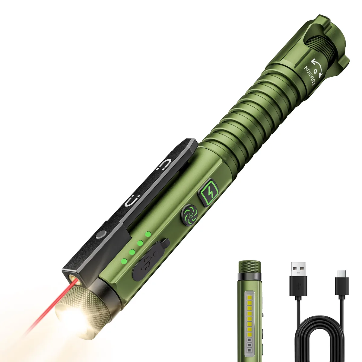 Compact aluminium flashlight with magnetic clip base and USB-C port