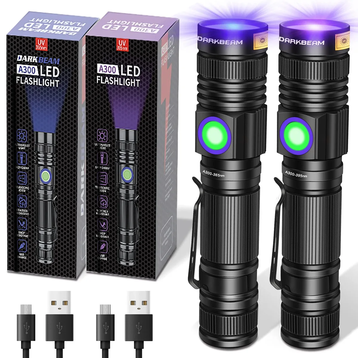 Two black aluminium UV flashlights side by side, zoomable heads, USB ports visible