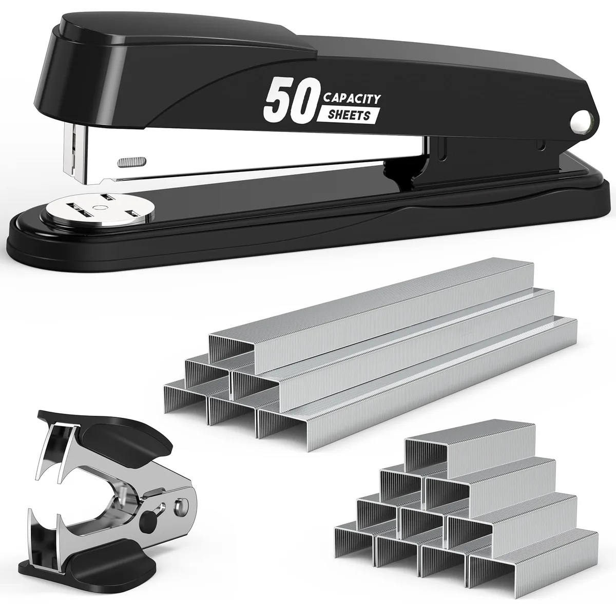 Black metal desktop stapler with non-slip base and staple remover