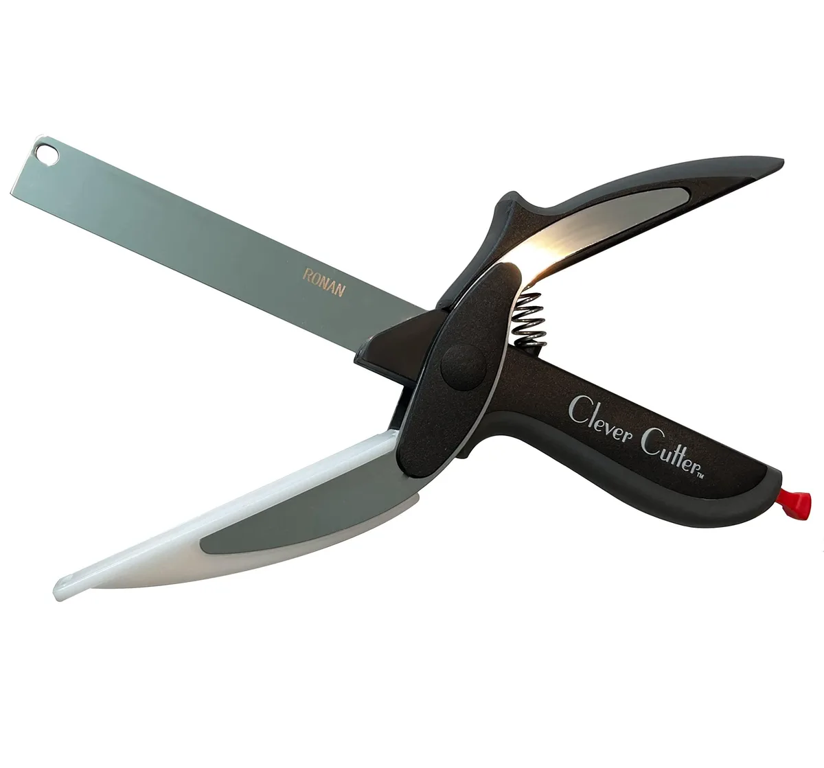 Silver 2-in-1 knife and cutting board with plastic handle and stainless steel blade