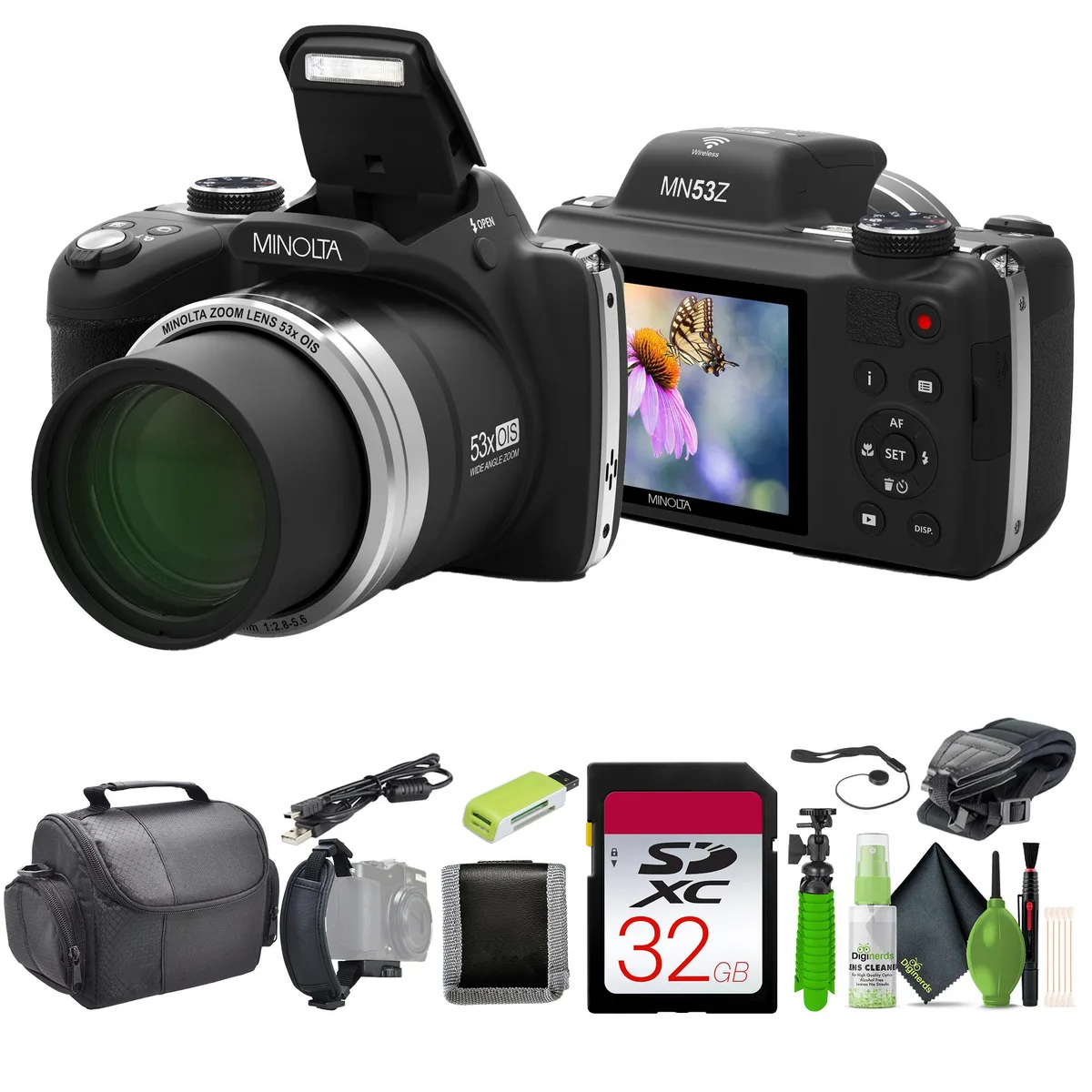 Minolta Minolta Pro Shot MN53Z 16 MP 53x Zoom Camera Kit (Black) with 32 GB Card, Tripod, Bag — product photo