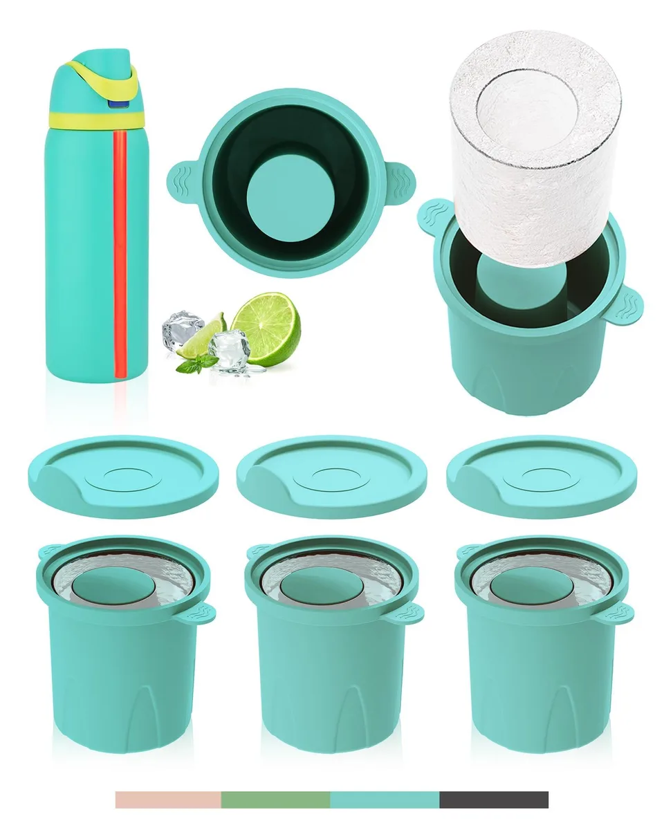 Three round light-blue silicone ice molds with side wings and off-centre straw holes