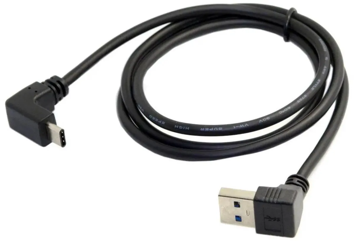Short white cable with 90 degree down-angled USB-C plug and straight USB 3.0 socket