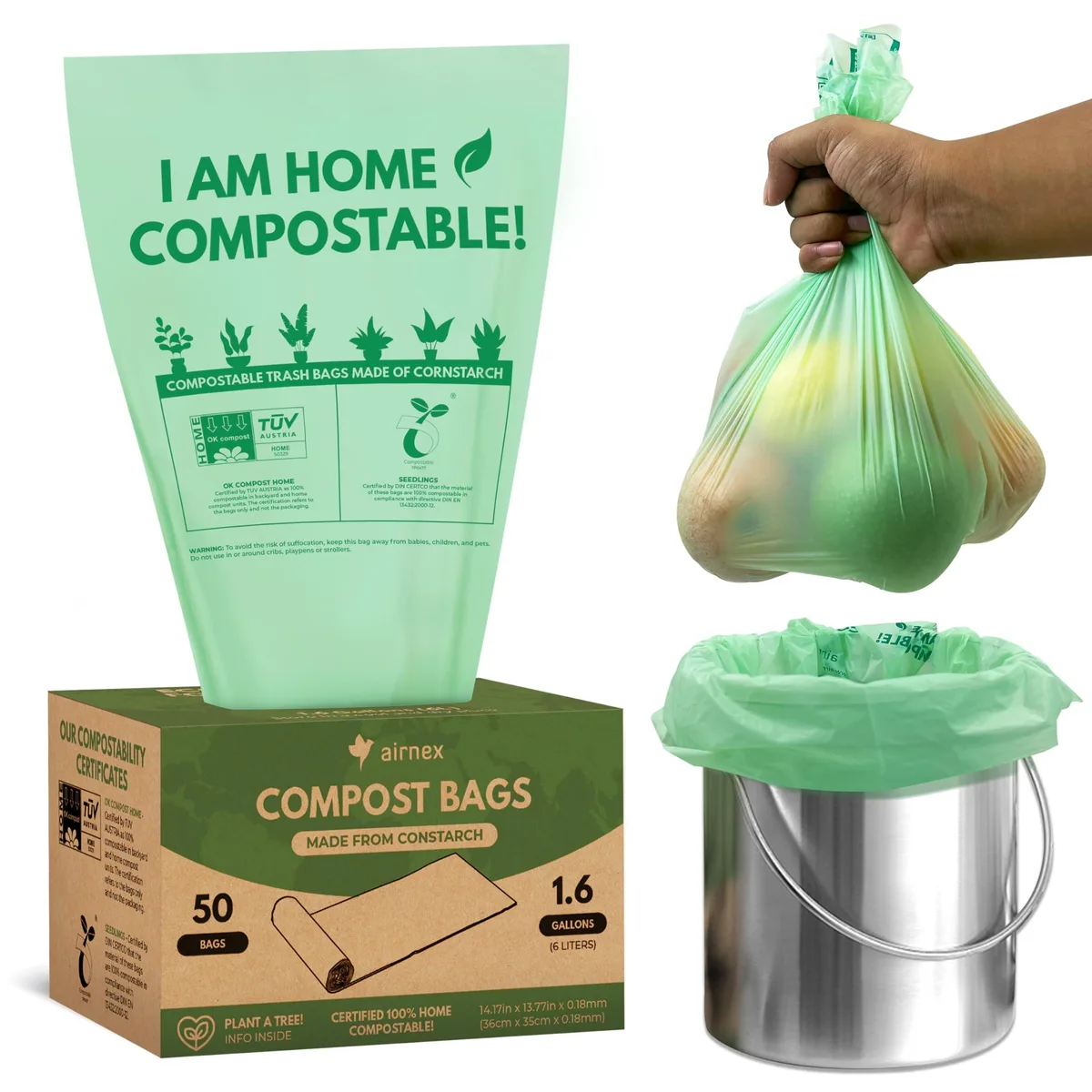  AIRNEX Compostable Trash Bags 1.6 Gal 50 Count Green 0.18 mm — product photo