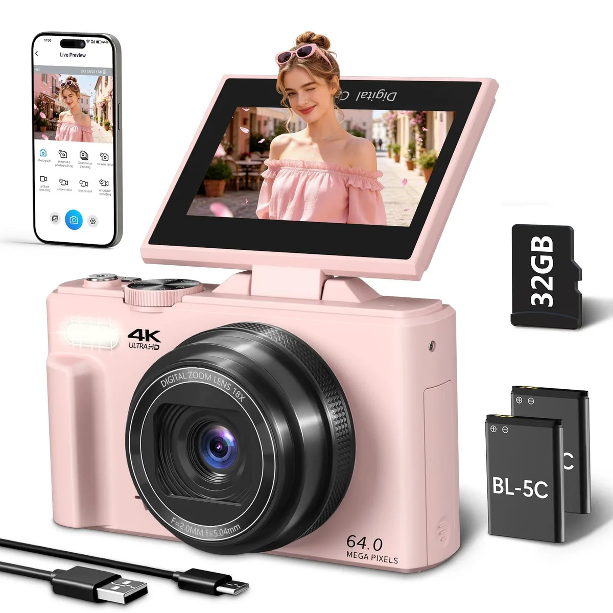 Maenlans W08 64MP 4K Compact Camera 32GB Card 2 Batteries Pink — product photo