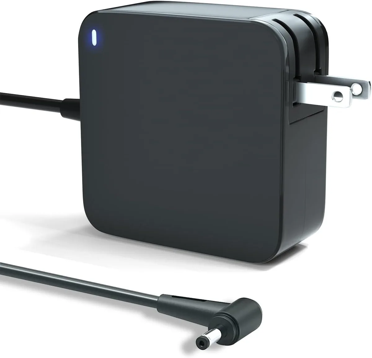 Rectangular black power brick with barrel plug and detachable mains lead