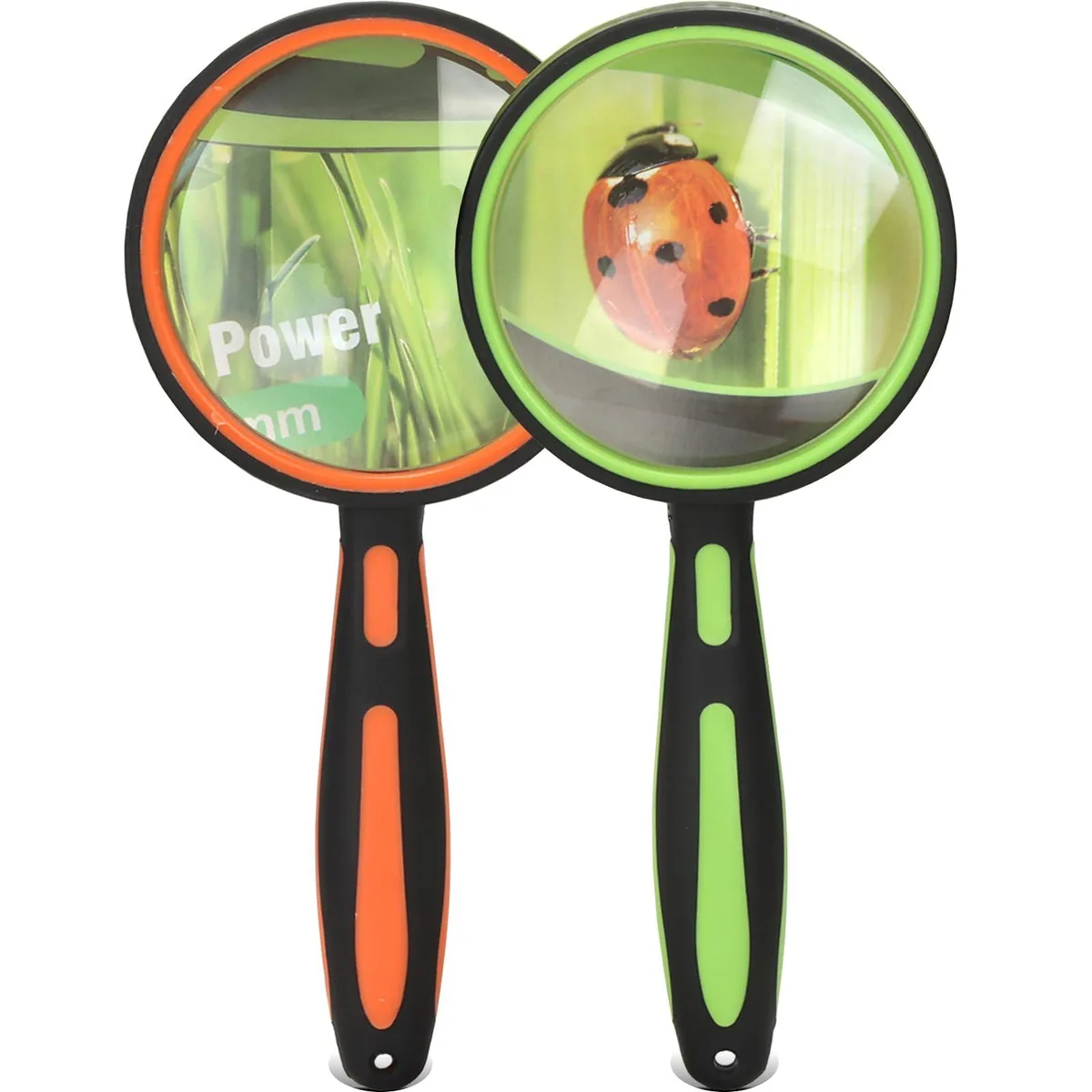 Two handheld magnifiers with green and orange rubber handles and 75mm glass lenses