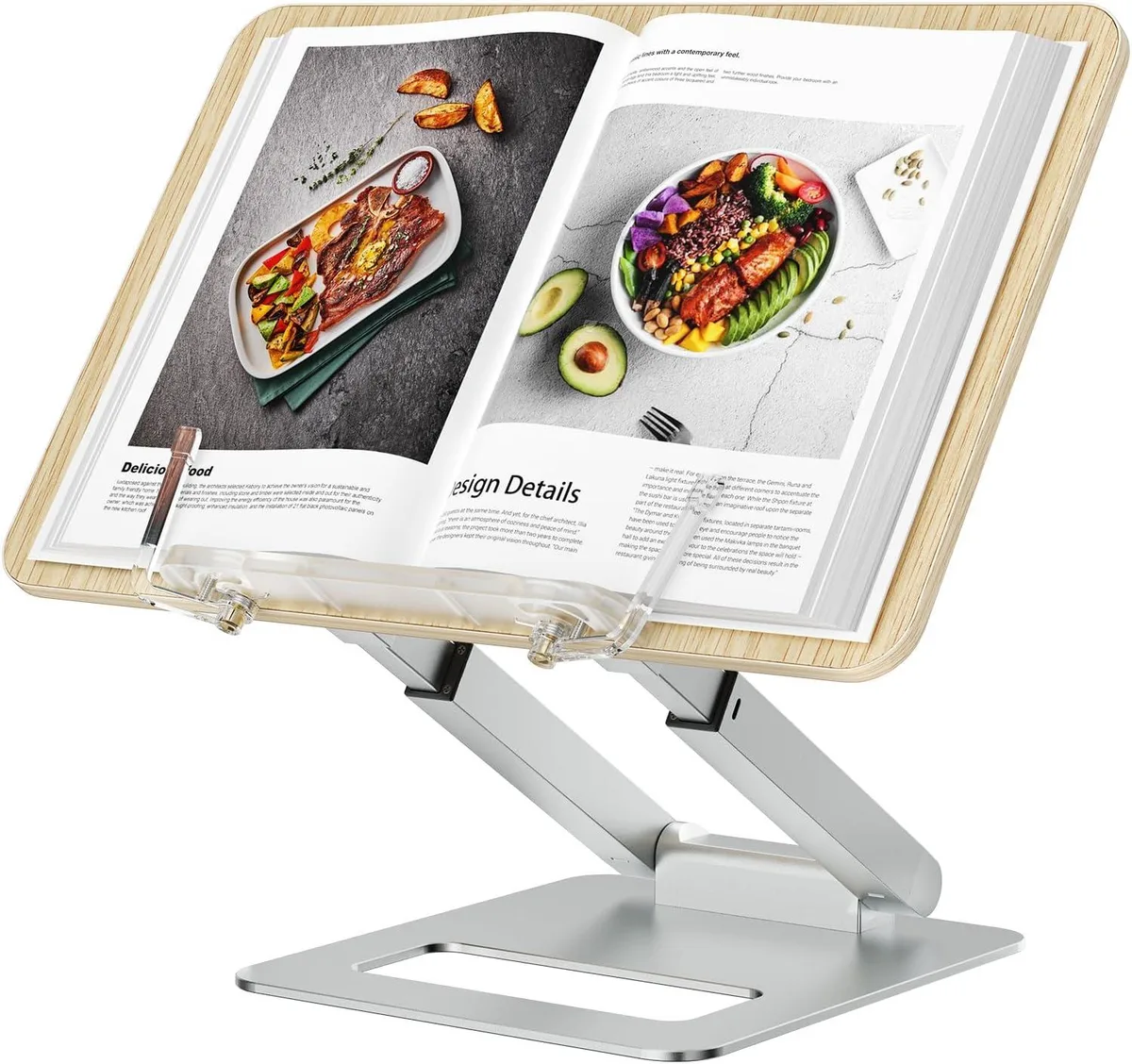 Telescopic book stand with aluminium base, adjustable to 20 inches, elastic page clips, folded flat