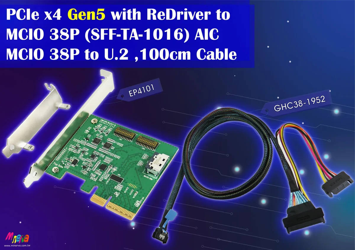 Green PCB add-in card with MCIO 38P connector and status LEDs