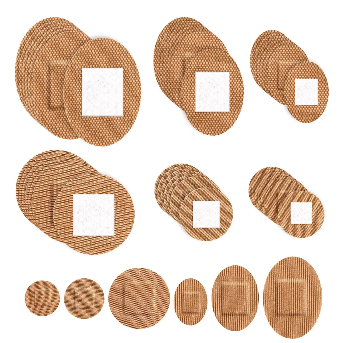 Box of 120 skin-tone elastic fabric spot bandages in round and oval shapes
