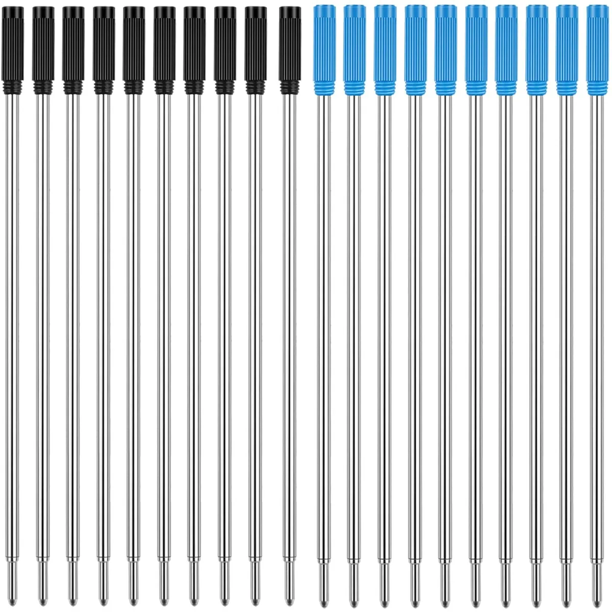 Twenty metal ballpoint refills in black and blue, medium 1.0mm tips, packed in a clear box