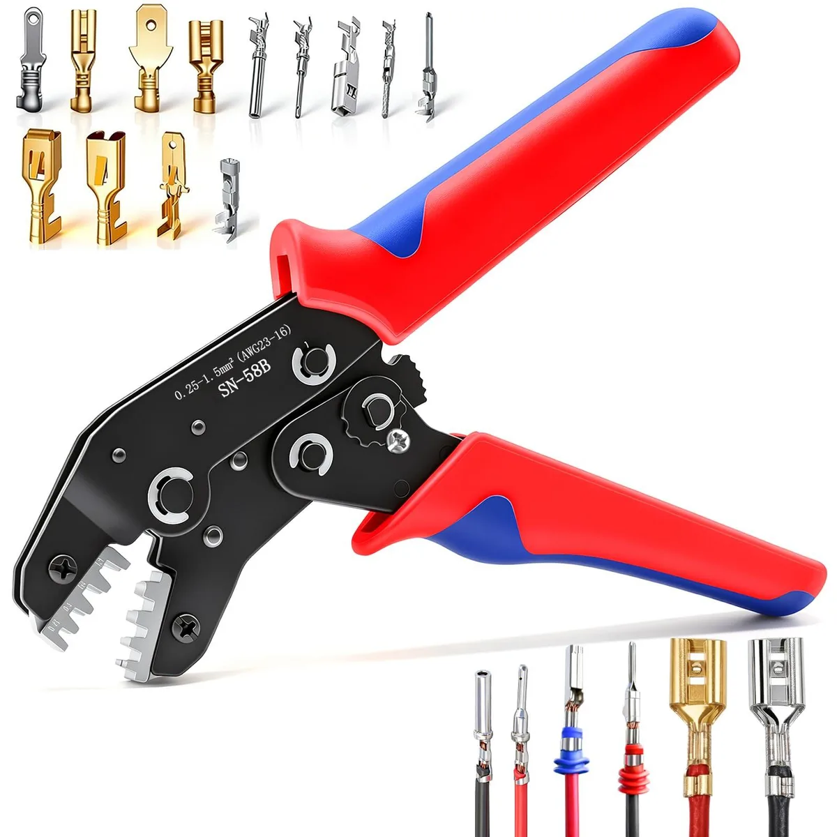 Klein Tools SN-58B ratchet crimper, black oxidised steel jaws, red rubber handles