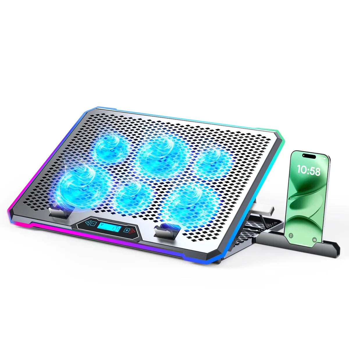 ENHANCE laptop cooling pad blue 6 fans LCD 10 RGB 4 USB 3.0 2.0 9 height 15.6-21 inch — product photo