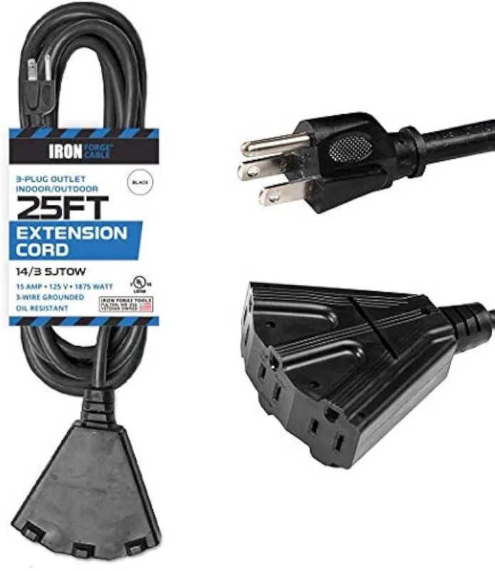 Black 25 ft outdoor extension cord with grounded plug and triple outlet block
