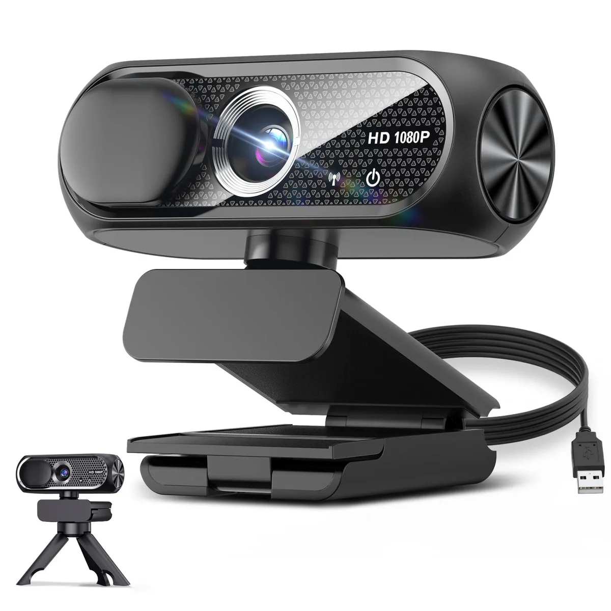 Black rectangular webcam on adjustable tripod with privacy cover