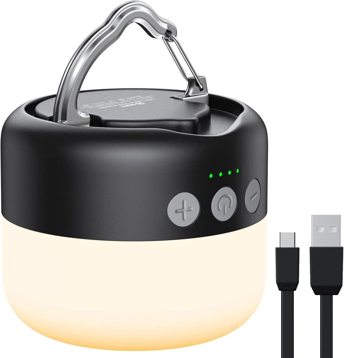 Compact black cylindrical LED lantern with frosted globe, magnetic base and hanging hook