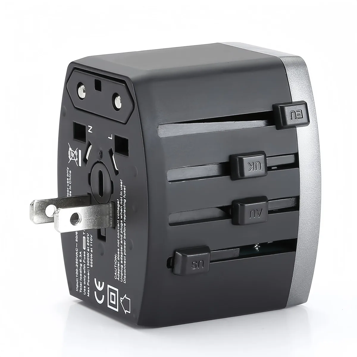 Black universal travel adapter with sliding plugs, one USB-A and one USB-C PD 30W port