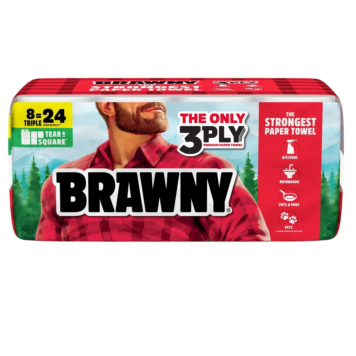 Brawny 446285 Tear-A-Square 3-Ply Paper 8 Triple Rolls 912 Sheets — product photo