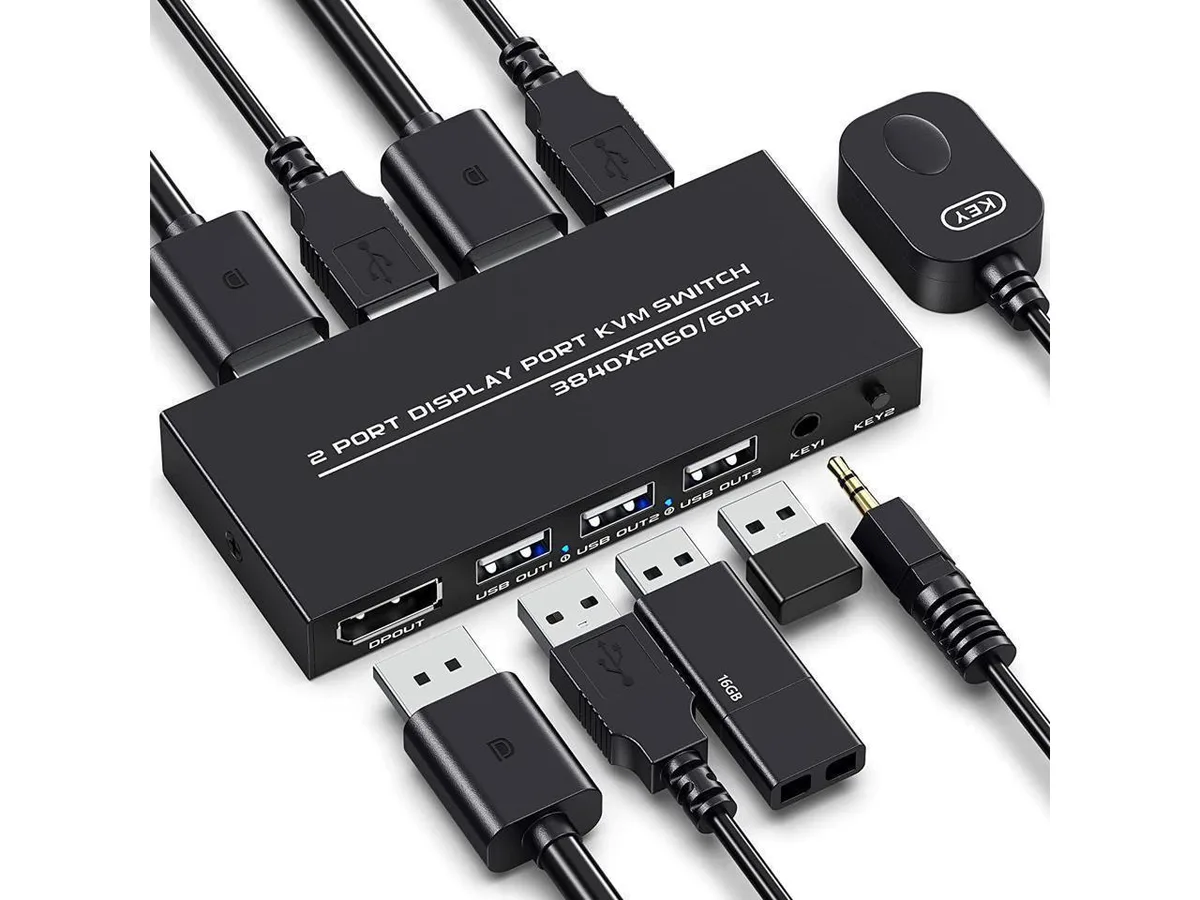 BONAEVER BONAEVER Protection Case KVM Switch 2 Port DisplayPort 4K 60Hz 2 DP 2 USB Cable — product photo