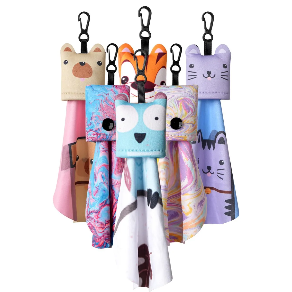 Six microfiber cloths in assorted neoprene pouches with clips