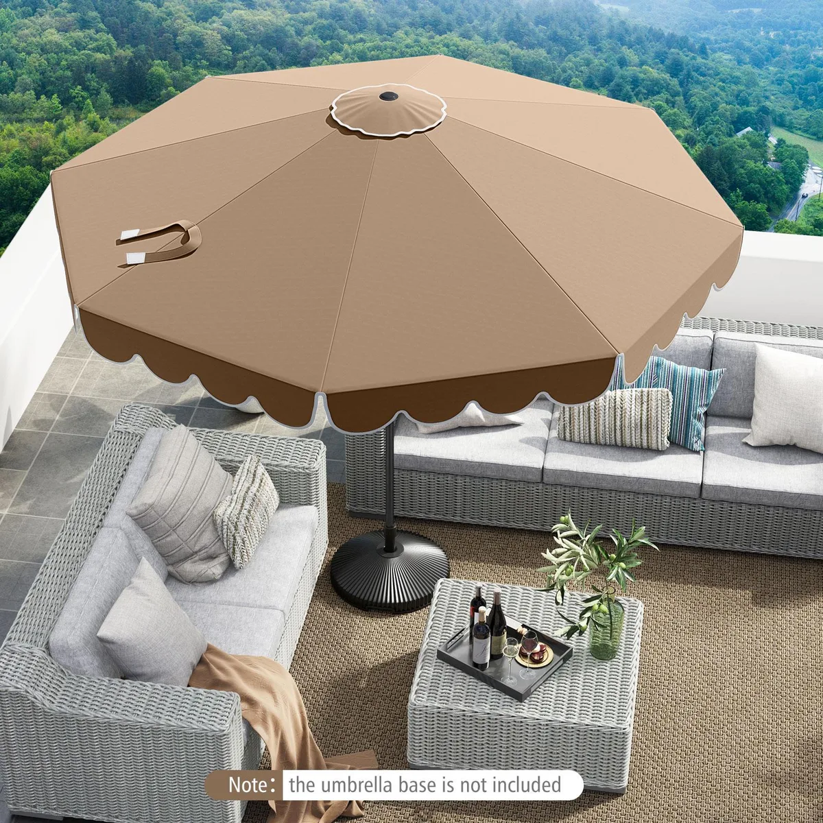 Brown 10 ft patio umbrella with crank tilt, metal pole and ruffled canopy edge
