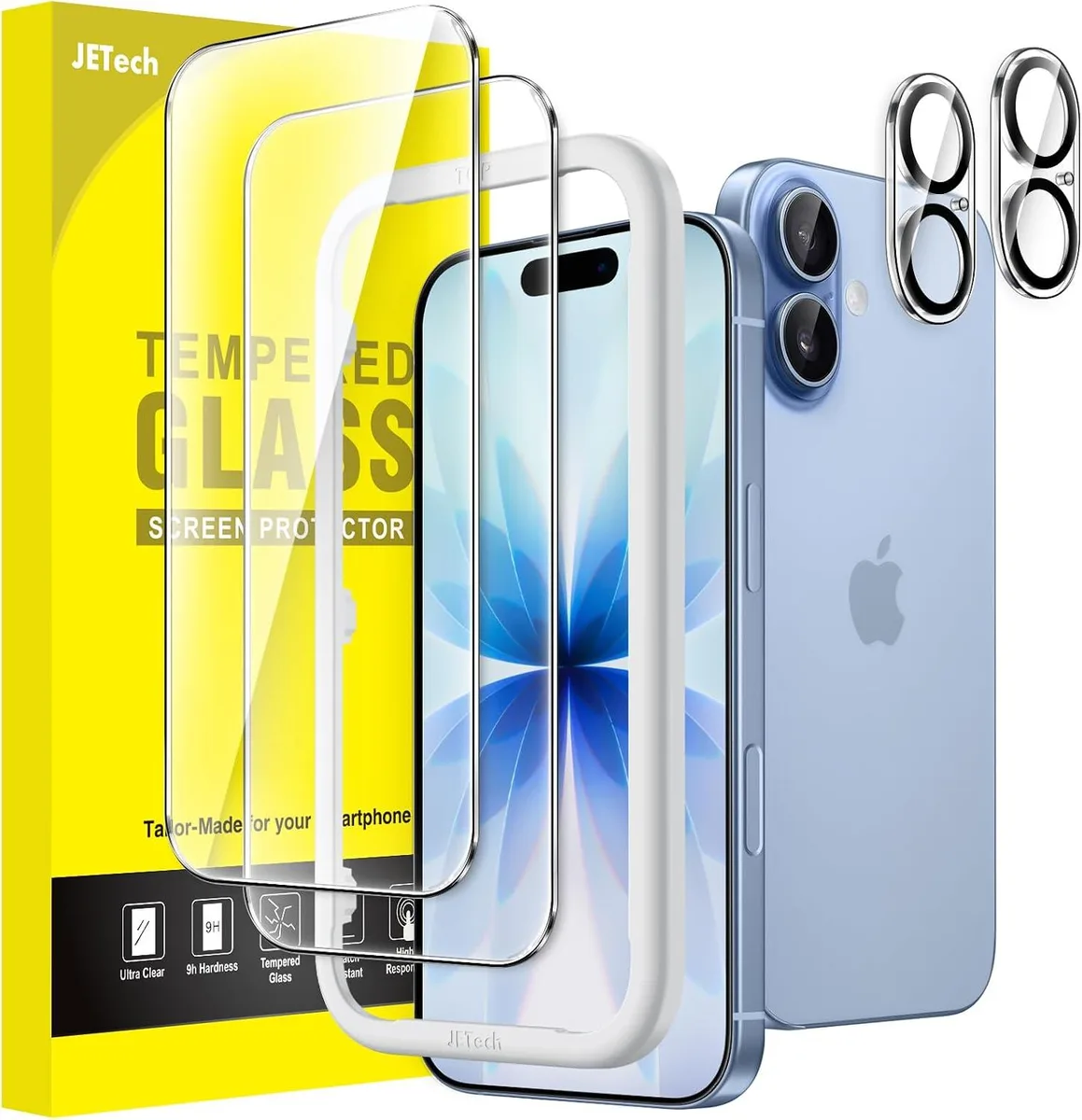Two clear tempered-glass screen protectors with matching camera lens guards and an alignment frame for iPhone 17 6.3-inch
