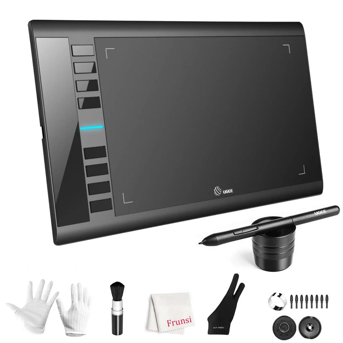 Black rectangular graphics tablet with papery surface, eight side shortcut keys and passive stylus