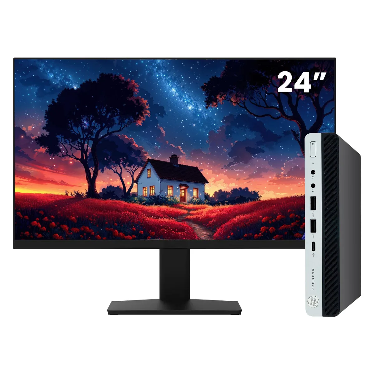 HP HP ProDesk 600 G5 Tiny desktop PC i5-9500T 16GB 2TB NVMe 24" monitor — product photo