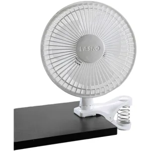 White Lasko 2004W clip fan with spring-loaded clamp and 360-degree rotating head